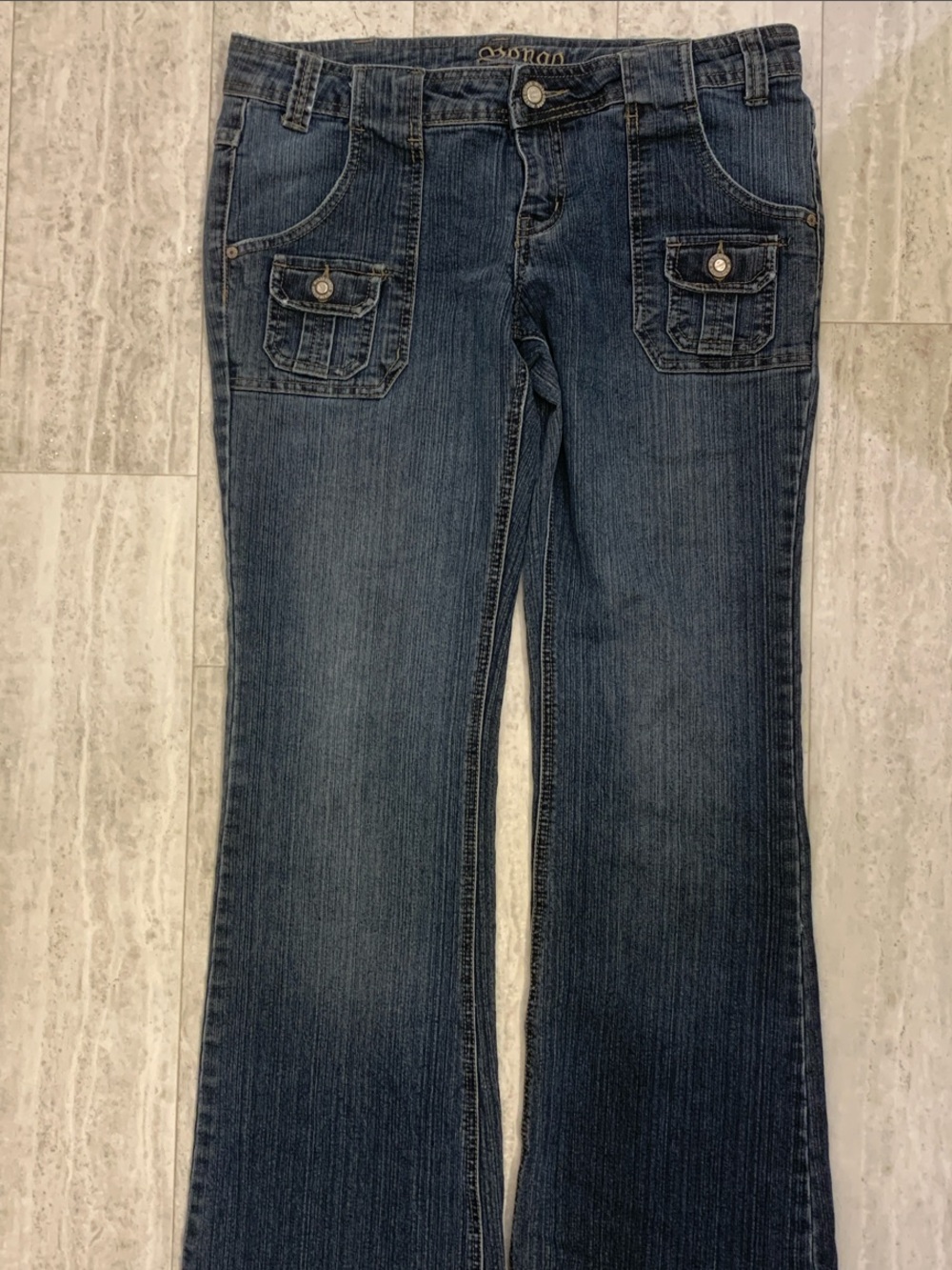 BONGO Women's Dark Blue Flare Jeans with Front Patch Pockets